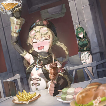 1girl 2girls arm_up beer_mug black_gloves black_hat blonde_hair blurry blurry_foreground blush breasts burger closed_eyes commentary crossed_arms cup dango drink drunk fingerless_gloves food french_fries genshin_impact gloves goggles goggles_on_head green_hair hair_rings hat holding holding_cup holding_skewer jahoda_(genshin_impact) krux_(k_krux) large_breasts medium_breasts mug multiple_girls nefer_(genshin_impact) nose_blush open_mouth partially_shaded_face prosthesis prosthetic_arm round_eyewear sanshoku_dango single_glove skewer smile solo thighs wagashi