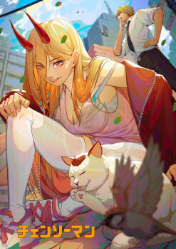 1boy 1girl absurdres baschyf bird black_bow black_bowtie black_pants blonde_hair bow bowtie bra breasts cat chainsaw_man cityscape cleavage demon_horns denji_(chainsaw_man) highres horns jacket lace lace_bra large_breasts lingerie long_hair medium_breasts orange_eyes pants parted_lips power_(chainsaw_man) red_jacket see-through_clothes shirt short_hair sitting smile standing thighhighs thighs tongue tongue_out underwear white_shirt