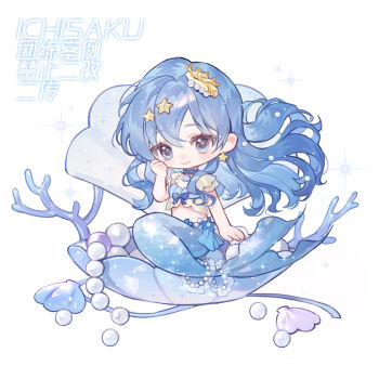 1girl artist_name blue_choker blue_eyes blue_hair blush bow bow_choker chibi chibi_only chinese_commentary choker clam_shell closed_mouth commentary_request coral_hair_ornament full_body hair_ornament hand_up ichisaku long_hair mermaid monster_girl original simple_background smile solo sparkle star_(symbol) star_hair_ornament white_background