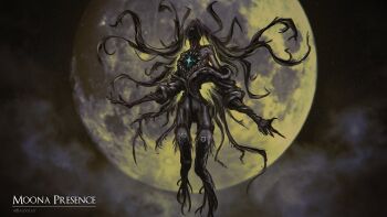 1girl artist_name baloolax bloodborne chest_mouth cloud cosplay eldritch_abomination english_text floating full_moon highres hololive hololive_indonesia jacket jacket_partially_removed looking_at_viewer looking_down monster_girl moon moon_presence_(bloodborne) moon_presence_(cosplay) moona_hoshinova night night_sky one_eye_covered sky solo star_(sky) tentacles virtual_youtuber yellow_eyes