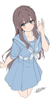 1girl absurdres blue_dress blue_eyes blue_neckerchief blue_sailor_collar blush braid breasts brown_hair closed_mouth collarbone commentary_request dress green_eyes highres long_hair looking_at_viewer neckerchief original sailor_collar sailor_dress short_sleeves simple_background smile solo unasaka_ryou white_background