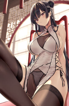 1girl absurdres bare_shoulders black_hair black_thighhighs blush breasts cleavage double_bun hair_bun highres hiiragi_yuuichi large_breasts long_hair looking_at_viewer original red_eyes skindentation solo thighhighs thighs very_long_hair