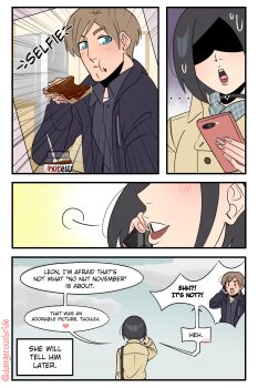 Rule 34 | 1boy, 1girl, 2019, ada wong, black hair, blonde hair, blue eyes, bread, bread slice, comic, dangerousbride, eating, english text, food, hetero, highres, holding, holding phone, leon s. kennedy, no nut november, nutella, phone, resident evil, resident evil 4, talking, talking on phone