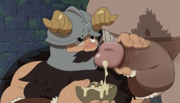 2boys bara beard blush body_fur brown_fur brown_hair censored cum cum_in_bowl cum_in_container dungeon_meshi dwarf erection facial_hair fake_horns helmet highres horned_helmet horns ink_(ink0000) interspecies large_penis long_beard male_focus monster_boy mosaic_censoring multiple_boys mustache nervous_sweating orc out_of_frame paid_reward_available penis penis_milking senshi_(dungeon_meshi) solo_focus sweat thick_mustache thick_navel_hair very_long_beard wok yaoi zon_(dungeon_meshi)