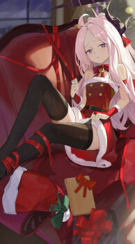 1girl absurdres ahoge bell black_halo black_pantyhose black_thighhighs blue_archive blush breasts christmas commentary_request demon_girl demon_horns gift green_ribbon halo hat highres hina_(blue_archive) horns indoors legs long_hair looking_at_viewer night pantyhose purple_eyes red_ribbon ribbon santa_costume santa_hat sercet sitting small_breasts thighhighs thighs tree very_long_hair white_hair