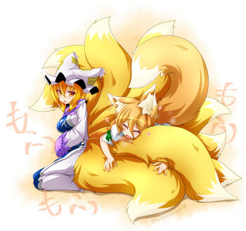 2girls animal_ear_fluff animal_ears blonde_hair blue_tabard breasts closed_eyes commentary_request dress fox_ears fox_girl fox_tail green_ribbon hat heart highres hugging_another's_tail hugging_tail kazami_karasu kudamaki_tsukasa large_tail long_sleeves looking_at_another medium_breasts mob_cap multiple_girls multiple_tails open_mouth puffy_short_sleeves puffy_sleeves ribbon short_sleeves sitting sleeve_ribbon tabard tail tail_grab textless_version touhou white_hat yakumo_ran yellow_eyes