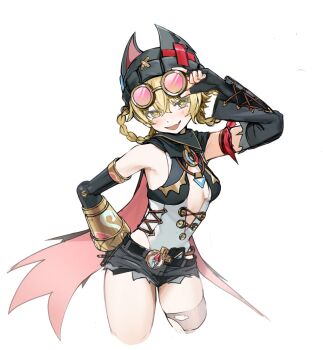 Rule 34 | 1girl, blonde hair, braid, braided hair rings, breasts, commentary request, compass, cropped legs, fang, fingerless gloves, genshin impact, gloves, goggles, goggles on head, hair rings, hat, highres, jahoda (genshin impact), prosthesis, prosthetic arm, short shorts, shorts, single thighhigh, skin fang, skyn blue, small breasts, star-shaped pupils, star (symbol), symbol-shaped pupils, thighhighs, yellow eyes