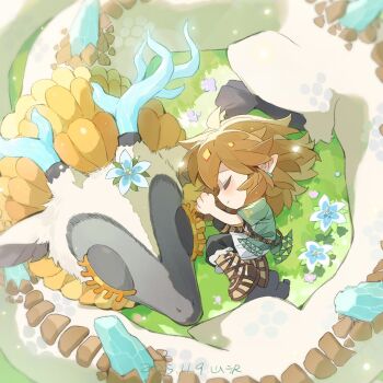 1boy black_pants blonde_hair blue_flower chibi chibi_only closed_eyes dated dragon dragon_horns earrings flower full_body gladiator_sandals hair_between_eyes horns jewelry light_dragon_(zelda) link lying medium_hair nintendo on_side pants pointy_ears sandals shanzer silent_princess sleeping the_legend_of_zelda the_legend_of_zelda:_tears_of_the_kingdom