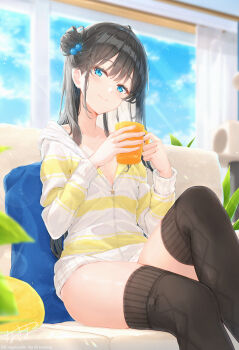 1girl black_hair black_thighhighs blue_eyes blush breasts commentary_request couch cup hair_bun hair_ornament highres holding holding_cup hood hooded_jacket indoors jacket long_hair looking_at_viewer medium_breasts na_kyo on_couch original side_up_bun signature sitting smile solo striped_clothes striped_jacket thighhighs thighs white_jacket