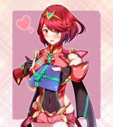 Rule 34 | 1girl, blush, core crystal (xenoblade), covered navel, cowboy shot, drop earrings, earrings, fingerless gloves, gift, gloves, heart, impossible clothes, incoming gift, jewelry, looking at viewer, pyra (xenoblade), red eyes, red hair, red shorts, samu poteto, short hair, short shorts, shorts, skindentation, smile, solo, swept bangs, tiara, valentine, xenoblade chronicles (series), xenoblade chronicles 2