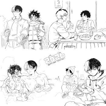 2boys abs bath bathing bird blush boku_no_hero_academia boots camping coffee cup duck eating embarrassed food freckles fruit hat living_room messy_hair midoriya_izuku multicolored_hair multiple_boys new_year nude oants orange_(fruit) pectorals rubber_duck scar scar_on_face scarf sitting smile snow snowman sweater tea teacup teapot tododeku todoroki_shoto two-tone_hair walking wet yaoi