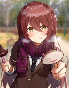 Rule 34 | 1girl, :t, black necktie, blurry, blurry background, blush, breath, brown hair, brown jacket, commentary request, debi tarou, diagonal-striped clothes, diagonal-striped necktie, eating, food, food on face, hair between eyes, highres, holding, holding food, holding popsicle, idolmaster, idolmaster shiny colors, incoming food, jacket, long hair, long sleeves, looking at viewer, necktie, osaki tenka, outdoors, park, plaid clothes, plaid scarf, popsicle, purple scarf, scarf, school uniform, solo, striped clothes, upper body, wanitaroo. (waniwani panic), yellow eyes