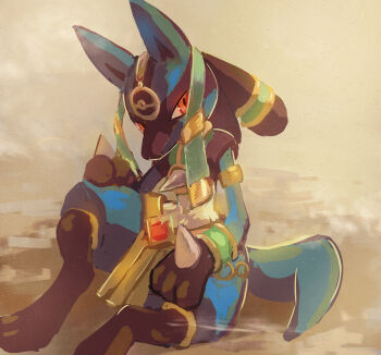 1other absurdres ancient_egyptian_clothes commentary_request furry gen_4_pokemon grey_background highres looking_at_viewer lucario lucario_(ruins) mine101 nintendo other_focus pokemon pokemon_(creature) pokemon_unite red_eyes sitting solo wristband