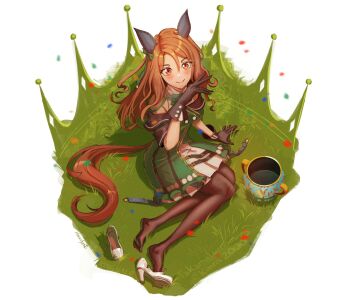 1girl animal_ears bare_shoulders black_gloves black_thighhighs blush bow breasts brown_hair closed_mouth confetti dress ear_bow ear_covers ear_ribbon gloves green_bow green_dress hair_between_eyes haonfest highres horse_ears horse_girl horse_tail king_halo_(king_of_emeralds)_(umamusume) king_halo_(umamusume) long_hair looking_at_viewer medium_breasts off-shoulder_dress off_shoulder ojou-sama_pose red_eyes shoes sitting smile solo tail thighhighs umamusume unworn_shoes vase yokozuwari