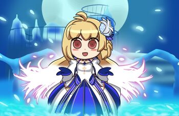 1boy 1girl archetype_earth arcueid_brunestud blonde_hair chibi chibi_only deformed dress fate/grand_order fate_(series) highres imstupid13 millennium_castle_(tsukihime) red_eyes riyo_(lyomsnpmp)_(style) tsukihime white_dress