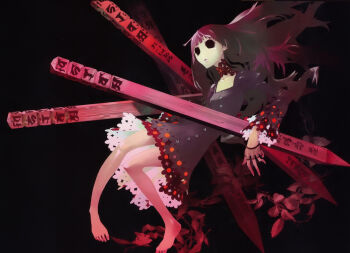 Rule 34 | bare legs, black background, black eyes, black sclera, colored sclera, copyright name, dress, fingerless gloves, gloves, highres, hollow eyes, kirishiki sunako, lolita fashion, long hair, official art, pale skin, purple hair, shiki series, solo, sotoba