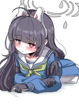 1girl ahoge animal_ears black_hair blue_archive blush fake_animal_ears green_neckerchief grey_halo halo highres leaf leaf_on_head leaf_print long_hair long_sleeves looking_at_viewer miyu_(blue_archive) neckerchief open_mouth pantyhose rabbit_ears rabbit_platoon_(blue_archive) red_eyes school_uniform serafuku shirt skirt solo tachikaze_miyako white_pantyhose