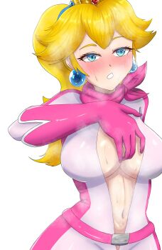 Rule 34 | 1girl, biker clothes, biker peach, bikesuit, blonde hair, blue eyes, blush, bodysuit, breasts, cleavage, gloves, half-closed eyes, highres, large breasts, legs, long hair, looking at viewer, mario (series), navel, nintendo, no bra, parted lips, ponytail, princess peach, seductive gaze, smell, solo, steaming body, sweat, teeth, thighs, unzipped