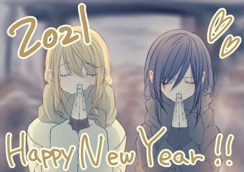 Rule 34 | 2021, 2girls, aihara mei, aihara yuzu, black hair, blonde hair, citrus (saburouta), closed eyes, engagement ring, english text, glidesloe, happy new year, head bowed, highres, inseki, jacket, jewelry, multiple girls, new year, own hands together, ring, scarf, siblings, sisters, step-siblings, winter