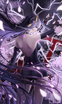 Rule 34 | 1girl, absurdres, alternate costume, artist name, back, back tattoo, bare shoulders, black choker, blunt bangs, bridal gauntlets, cherry blossoms, choker, closed mouth, commentary, falling petals, fan hair ornament, floating hair, from behind, from side, genshin impact, glowing, glowing petals, glowing sword, glowing tattoo, glowing weapon, gluteal fold, gradient hair, hair down, hair floating upwards, hair ornament, haku ei, highres, holding, holding sword, holding weapon, katana, light particles, lingerie, long hair, looking at viewer, mitsudomoe (shape), mole, mole under eye, multicolored hair, night, outdoors, petals, pink petals, purple background, purple eyes, purple hair, raiden shogun, shade, sky, solo, standing, star (sky), starry sky, sword, tattoo, thighs, tomoe (symbol), tree, underwear, upper body, weapon