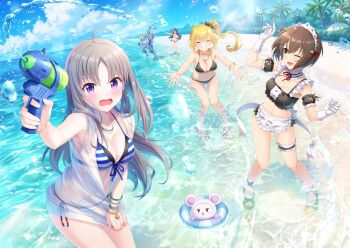 1boy 4girls :3 ahoge alternative_girls anchor_earrings anniversary apron arm_up ball bare_shoulders beach beach_umbrella beachball bead_bracelet beads bikini bikini_bottom_only black_bikini black_bow black_hair blonde_hair blue_bikini blue_sky blunt_bangs blush bob_cut bow bracelet breasts brown_hair brown_sandals chain chain_necklace cleavage clenched_hand closed_eyes clothes_theft clothes_tug cloud collarbone commentary_request crab day detached_collar don_sharks double-parted_bangs earrings embarrassed eyewear_on_head finger_on_trigger frilled_thigh_strap front-tie_bikini_top front-tie_top furry furry_male gloves gold_chain gold_necklace green_eyes green_sandals grin hair_bow heart heart_necklace high_side_ponytail holding holding_water_gun hood hooded_jacket hoop_bracelet innertube jacket jacket_tug jewelry kira_sayuri knees_together_feet_apart layered_bikini leaning_forward long_hair looking_at_viewer maid maid_apron maid_bikini maid_headdress medium_breasts melo_(alternative_girls) mizushima_airi multicolored_bikini multiple_girls muscular muscular_male navel necklace o-ring_bikini_bottom ocean official_art open_clothes open_jacket open_mouth outdoors outstretched_arm outstretched_arms palm_tree parted_bangs polka_dot polka_dot_bikini polka_dot_bow purple_eyes red_bow ribbon sandals second-party_source see-through_clothes see-through_jacket shark_boy short_hair side-tie_bikini_bottom sky sleeveless sleeveless_jacket smile sparkle splashing striped_bikini striped_clothes sunglasses sunlight swim_ring swimsuit swimsuit_theft tachibana_naomi tendou_machi theft thigh_strap topless_female tree two-tone_bikini umbrella unconventional_maid unworn_bikini_top wading water_drop water_gun wet_jacket white_bikini white_gloves white_jacket white_ribbon white_umbrella yellow_eyes