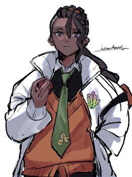 1boy absurdres black_hair black_shirt closed_mouth coat collared_shirt commentary_request green_necktie hair_between_eyes hand_in_pocket highres hinachanchi_ii holding holding_poke_ball long_hair long_sleeves male_focus naveen_(pokemon) necktie nintendo open_clothes open_coat orange_vest poke_ball poke_ball_(basic) pokemon pokemon_legends:_z-a shirt signature simple_background solo upper_body vest white_background white_coat