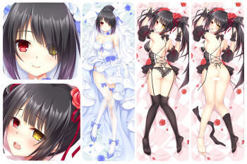 1girl ass backless_outfit bar_censor bed_sheet black_hair black_thighhighs blue_bow blue_bowtie blue_footwear blue_panties bow bowtie breasts censored choker cleavage clock_eyes closed_mouth clothes_lift dakimakura_(medium) date_a_live dress dress_lift elbow_gloves flower from_above full_body garter_belt gloves grey_panties hair_flower hair_ornament hair_ribbon heterochromia high_heels lifting_own_clothes long_hair looking_at_viewer lying medium_breasts on_back on_stomach panties petals pumps red_eyes red_flower red_ribbon red_rose ribbon rose shoulder_blades sideboob smile soles split_screen strapless strapless_dress summer-d_(dodojune) symbol-shaped_pupils thighhighs tokisaki_kurumi twintails underwear very_long_hair white_choker white_dress white_gloves white_thighhighs yellow_eyes