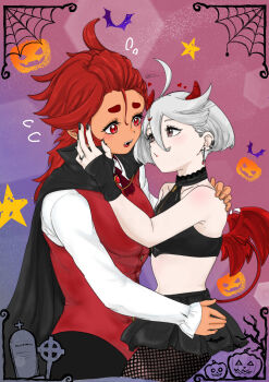 2girls 715piro_gon absurdres ahoge artist_name black_cape black_gloves black_nails black_shirt cape commentary_request crop_top demon_girl demon_horns demon_tail earclip earrings fangs fingerless_gloves gloves gundam gundam_suisei_no_majo hair_slicked_back halloween hand_on_another&#039;s_shoulder hand_on_another&#039;s_waist highres horns jack-o&#039;-lantern jewelry miorine_rembran multiple_girls open_mouth purple_eyes red_eyes red_hair red_vest ring shirt short_hair silk sleeveless sleeveless_shirt spider_web star_(symbol) suletta_mercury tail thick_eyebrows tombstone vest wedding_ring white_hair white_shirt wife_and_wife yuri
