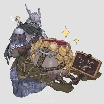 1boy 1girl 1other arizuka_(catacombe) armor asymmetrical_bangs blonde_hair blue_surcoat chalkboard commentary_request duchess_(elden_ring) elden_ring elden_ring_nightreign gloves helmet highres jar living_jar_(elden_ring) scale_armor signature simple_background sitting smile sparkle winged_helmet wylder_(elden_ring)