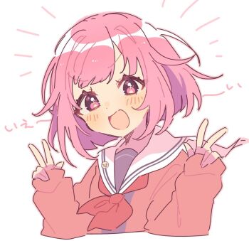Rule 34 | + +, 1girl, :d, blush, cropped torso, double v, hands up, long sleeves, looking at viewer, neckerchief, ootori emu, open mouth, outline, pink eyes, pink hair, project sekai, ra mntbti, red neckerchief, red shirt, sailor collar, school uniform, serafuku, shirt, short hair, simple background, sleeves past wrists, smile, solo, translated, v, white background, white sailor collar