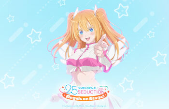 1girl 2.5_jigen_no_ririsa 2.5_jigen_no_ririsa_tenshitachi_no_stage amano_ririsa blue_background blue_eyes blush breasts copyright_name copyright_notice cosplay cowboy_shot crop_top detached_sleeves fake_wings hair_between_eyes hair_ornament highres liliel_(2.5_jigen_no_ririsa) liliel_(2.5_jigen_no_ririsa)_(cosplay) long_hair looking_at_viewer medium_breasts midriff navel official_art official_wallpaper open_mouth orange_hair pink_trim pointing pointing_at_viewer skirt smile solo star_(symbol) star_symbol_background teeth two_side_up upper_teeth_only white_skirt white_wings wings