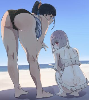 2girls ass barefoot beach bent_over bikini blush curvy full_body gridman_universe highres huge_ass looking_at_viewer looking_back multiple_girls peace_symbol pink_hair red_eyes shinjou_akane shiny_skin smile source_request ssss.gridman sweat swimsuit takarada_rikka thong thong_bikini v wide_hips