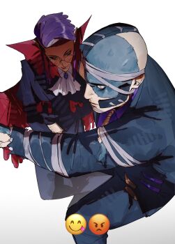 2boys ascot bandages black-framed_eyewear black_hair black_jacket collared_cape collared_shirt corbeau_(pokemon) cosplay emoji frankenstein&#039;s_monster frankenstein&#039;s_monster_(cosplay) glasses halloween_costume highres jacket looking_at_another looking_at_viewer male_focus mohawk multiple_boys necktie nintendo orange_necktie philippe_(pokemon) pokemon pokemon_legends:_z-a purple_hair purple_shirt round_eyewear shirt short_hair shu0718 sideburns simple_background stitched_face stitches suit_jacket undercut vampire_costume white_background white_eyes yellow_eyes