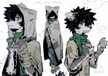 1boy aged_down black_hair body_fur child claws cloak commentary fang fang_out furry furry_male green_eyes green_scarf grey_cloak grey_fur highres hood hooded_cloak luli_(crocowolf333) male_focus multiple_views original patchwork_clothes scarf simple_background white_background wolf_boy