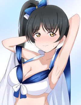 1girl absurdres armpits arms_up bikini black_hair blue_background blue_bikini blue_bow bow breasts breasts_day cleavage commentary_request front-tie_bikini_top front-tie_top good_breasts_day gradient_background hair_bow hazuki_ren high_side_ponytail highres large_breasts looking_at_viewer love_live! love_live!_days:_love_live!_general_magazine love_live!_superstar!! matcha_moti_(matcha_427) official_alternate_costume presenting_armpit side_ponytail simple_background solo swimsuit yellow_eyes