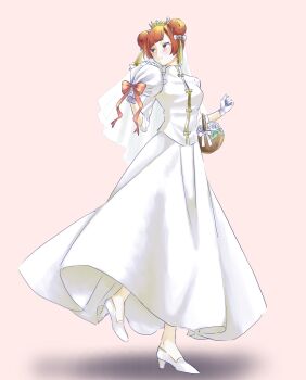 Rule 34 | 1girl, banana (8771207), basket, blush, bouquet, bow, clenched hand, double bun, dress, flower, flower basket, full body, gloves, hair bun, hair ornament, hand up, high heels, highres, holding, holding bouquet, laufen (sousou no frieren), long sleeves, looking to the side, orange hair, red bow, red ribbon, ribbon, sepia background, shirt, smile, solo, sousou no frieren, standing, standing on one leg, tassel, tassel hair ornament, white dress, white footwear, white gloves, white shirt