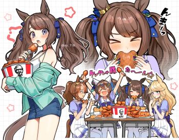 &gt;_&lt; 4girls :d :o ^_^ animal_ears arms_up bare_shoulders blonde_hair blue_eyes blue_hair blue_necktie blue_ribbon blue_skirt bow bowtie brown_hair bucket_of_chicken burger camisole chicken_(food) chicken_leg closed_eyes commentary_request daitaku_helios_(umamusume) ear_bow ear_covers ear_ornament eating fang food french_fries fried_chicken frilled_skirt frills gold_city_(umamusume) green_jacket hair_between_eyes hair_ornament hair_ribbon holding holding_burger holding_food horse_ears horse_girl horse_tail invisible_chair iro_178 jacket kfc long_hair long_sleeves looking_at_viewer mejiro_palmer_(umamusume) multicolored_hair multicolored_nails multiple_girls nail_polish necktie open_mouth orange_nails pleated_skirt ponytail puffy_short_sleeves puffy_sleeves purple_bow purple_bowtie purple_eyes purple_shirt ribbon sailor_collar sailor_shirt school_uniform shirt short_sleeves sitting skirt smile spaghetti_strap star_(symbol) star_hair_ornament streaked_hair summer_uniform table tail thighhighs tosen_jordan_(umamusume) tracen_school_uniform translation_request twintails umamusume white_background white_camisole white_skirt white_thighhighs yellow_nails
