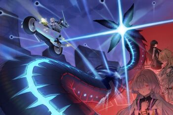 Rule 34 | 2boys, 3girls, black hair, blonde hair, chisa (wuthering waves), coat, commentary, earrings, english commentary, exoswarm (wuthering waves), fighting, grey hair, hair over one eye, halo, highres, jewelry, long hair, luuk herssen (wuthering waves), male rover (wuthering waves), mornye (wuthering waves), motor vehicle, motorcycle, multiple boys, multiple girls, revok, rover (wuthering waves), split theme, triangle earrings, white coat, wuthering waves