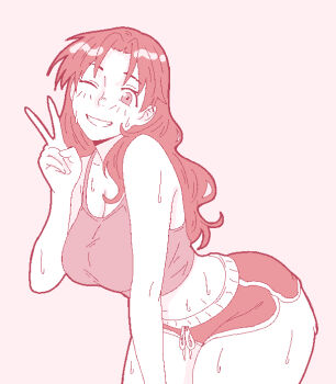 1girl ass azumanga_daiou bent_over breasts celebelian commentary crop_top dolphin_shorts english_commentary grin huge_ass large_breasts long_hair looking_at_viewer nose one_eye_closed pixel_art raised_eyebrows short_shorts shorts simple_background smile solo sweat sweatdrop tanizaki_yukari thick_thighs thighs v