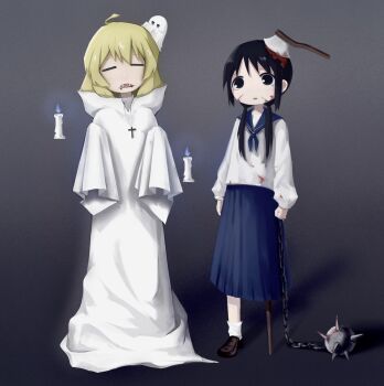 2girls axe axe_in_head bad_id bad_twitter_id ball_and_chain_(weapon) black_eyes black_hair blonde_hair blood blood_on_clothes blue_neckerchief blue_sailor_collar blue_skirt candle chain chito_(shoujo_shuumatsu_ryokou) cross cross_necklace fangs full_body gradient_background grey_background halloween halloween_costume highres jewelry kjczs10 long_sleeves low_twintails multiple_girls neckerchief necklace open_mouth peg_leg robe sailor_collar sheet_ghost shirt shoujo_shuumatsu_ryokou skirt sleeves_past_fingers sleeves_past_wrists standing stitched_face stitches twintails weapon white_robe white_shirt yuuri_(shoujo_shuumatsu_ryokou)