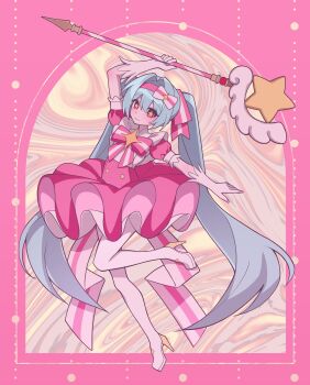 Rule 34 | 1girl, absurdres, aqua hair, arm above head, boots, bow, bow hairband, bowtie, commentary, dress, full body, gloves, hairband, hatsune miku, high heel boots, high heels, highres, holding, holding staff, ima sugu rinne (vocaloid), long hair, magical girl, pink bow, pink bowtie, pink dress, pink hairband, puffy short sleeves, puffy sleeves, short sleeves, solo, staff, star-shaped pupils, star (symbol), symbol-only commentary, symbol-shaped pupils, tomya, twintails, vocaloid, white gloves