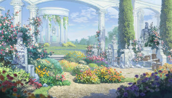 arch architecture bucket bush cloud daisy_(flower) day flower garden gazebo grass greco-roman_architecture hammer hanxiaodan no_humans orange_flower original outdoors path pavement pillar pink_flower pink_rose plant purple_flower red_flower red_rose road rock rose saw scenery scroll statue toolbox tree vines white_flower yellow_flower