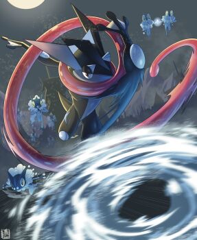 2025 acecore2k afterimage black_skin blue_skin closed_eyes colored_sclera colored_skin commentary creature creature_focus english_commentary froakie frog frogadier gen_6_pokemon greninja highres hydrokinesis kuji-in long_tongue motion_blur night ninja nintendo no_humans pokemon pokemon_(creature) pokemon_focus red_eyes throwing tongue tongue_scarf very_long_tongue water webbed_feet webbed_hands yellow_sclera