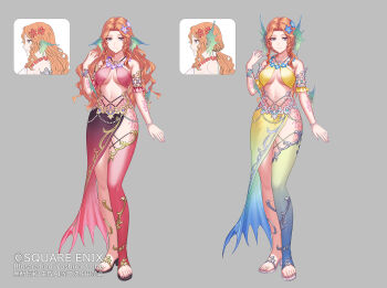 1girl alternate_color alternate_hairstyle anbe_yoshirou artist_name bead_bracelet beads black_shoes blue_flower blue_thighhighs bra bracelet closed_mouth collarbone commentary_request copyright_notice curtained_hair expressionless fins flower flower_necklace full_body gradient_thighhighs green_thighhighs grey_background hair_flower hair_ornament half-skirt head_fins high_heels highres jewelry low_ponytail navel necklace official_art orange_hair pink_bra ponytail purple_flower purple_nails red_skirt red_thighhighs romancing_saga_2 saga shoes sidelocks single_thighhigh skirt standing stomach thetis_(romancing_saga) thighhighs underwear white_shoes yellow_bra yellow_skirt