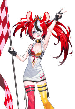 1girl absurdres alternate_costume animal_ears aqua_eyes arm_up armpits black_collar black_gloves bra breasts breasts_apart bright_pupils checkered_flag collar double-parted_bangs dress elppi feet_out_of_frame fingerless_gloves flag gloves hair_between_eyes hakos_baelz hashtag-only_commentary highres holding holding_pole hololive long_bangs long_hair medium_breasts mouse_ears mouse_girl multicolored_bra multicolored_hair navel open_clothes open_dress open_mouth pole red_hair short_dress simple_background sleeveless sleeveless_dress smile solo spiked_collar spikes standing streaked_hair two-tone_bra underwear virtual_youtuber white_background white_dress white_pupils