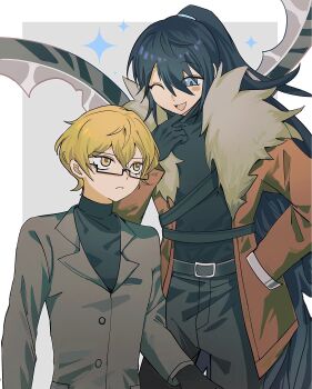Rule 34 | 2boys, absurdres, belt, black belt, black gloves, black hair, black pants, black shirt, blonde hair, blue eyes, brown coat, brown jacket, chinese commentary, closed mouth, coat, commentary request, dawn office (identity) (project moon), fur-trimmed coat, fur trim, glasses, gloves, guimei nana, hand in pocket, highres, hong lu (project moon), hook office (identity) (project moon), jacket, lapels, limbus company, long hair, long sleeves, male focus, mask, mask pull, mouth mask, multiple boys, ninja mask, one eye closed, open clothes, open coat, open mouth, pants, ponytail, project moon, semi-rimless eyewear, shirt, short hair, shoulder strap, sinclair (project moon), smile, sparkle, turtleneck, turtleneck shirt, very long hair, yellow eyes