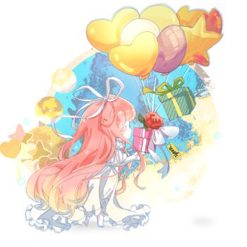 Rule 34 | 1girl, absurdly long hair, balloon, barefoot, birthday, blue sky, chibi, collared dress, dress, flower, from side, gift, hair ribbon, heart balloon, high collar, highres, interruption (echo-023), juliet sleeves, large ribbon, long dress, long hair, long sidelocks, long sleeves, nikki (nikki), nikki (series), pink hair, pleated dress, procreate (medium), puffy sleeves, red flower, red rose, ribbon, rose, shadow, sidelocks, sky, solo, standing, star (symbol), star balloon, tree, very long hair, wavy hair, white background, white dress, white ribbon