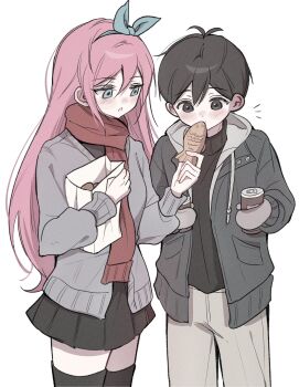 1boy 1girl :o alternate_costume antenna_hair aqua_eyes aqua_hairband aubrey_(faraway)_(omori) aubrey_(omori) bag black_eyes black_hair black_skirt black_sweater black_thighhighs bow_hairband brown_pants can cardigan cowboy_shot double-parted_bangs drawstring drink_can eating feeding film_grain food grey_cardigan grey_jacket grey_mittens hair_behind_ear hair_between_eyes hairband hashtag-only_commentary highres holding holding_bag holding_can holding_food hood hood_down hooded_jacket jacket jitome long_hair long_sleeves looking_at_another looking_at_food miniskirt mittens notice_lines omori open_cardigan open_clothes open_jacket pale_skin pants paper_bag parted_lips pink_hair pleated_skirt puffy_long_sleeves puffy_sleeves red_scarf scarf short_hair simple_background skirt standing sunny_(omori) sweater thighhighs turtleneck turtleneck_sweater very_long_hair very_short_hair white_background white_bag white_hood wktdms1 zettai_ryouiki