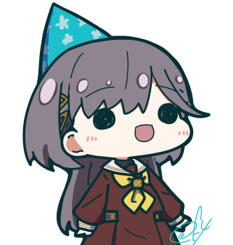 1girl :d absurdres blue_hat brown_dress chibi chibi_only dress hair_ornament hasu_no_sora_school_uniform hat highres katsuragi_izumi link!_like!_love_live! long_sleeves love_live! oofushi_ao open_mouth party_hat pleated_dress print_hat sailor_collar sailor_dress school_uniform signature simple_background smile solid_circle_eyes solo star_(symbol) star_print triangle_hair_ornament virtual_youtuber white_background white_sailor_collar winter_uniform