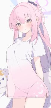 1girl absurdres blue_archive blush breasts commentary_request halo highres large_breasts long_hair looking_at_viewer mika_(blue_archive) nui_(nuinui0300) pink_hair shirt smile solo variant_set white_shirt wings